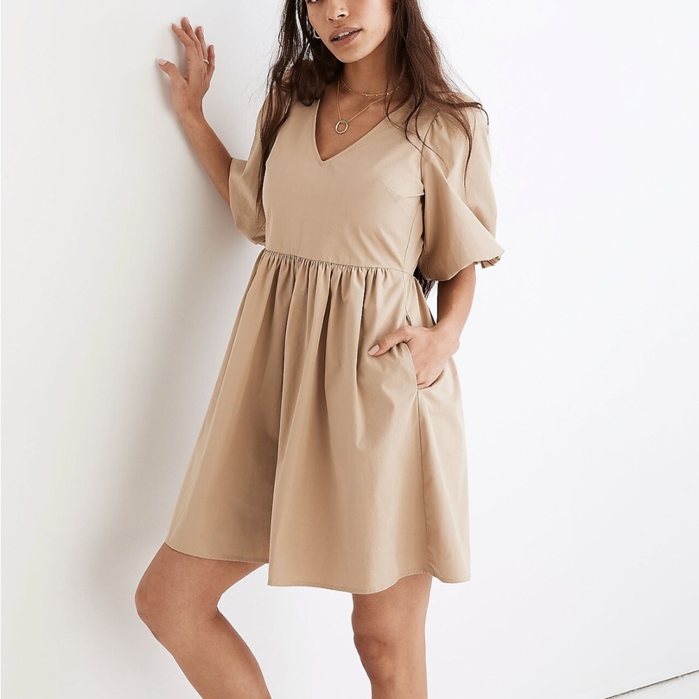 Madewell Tan Poplin V-Neck Bubble-Sleeve Mini Dress size 16